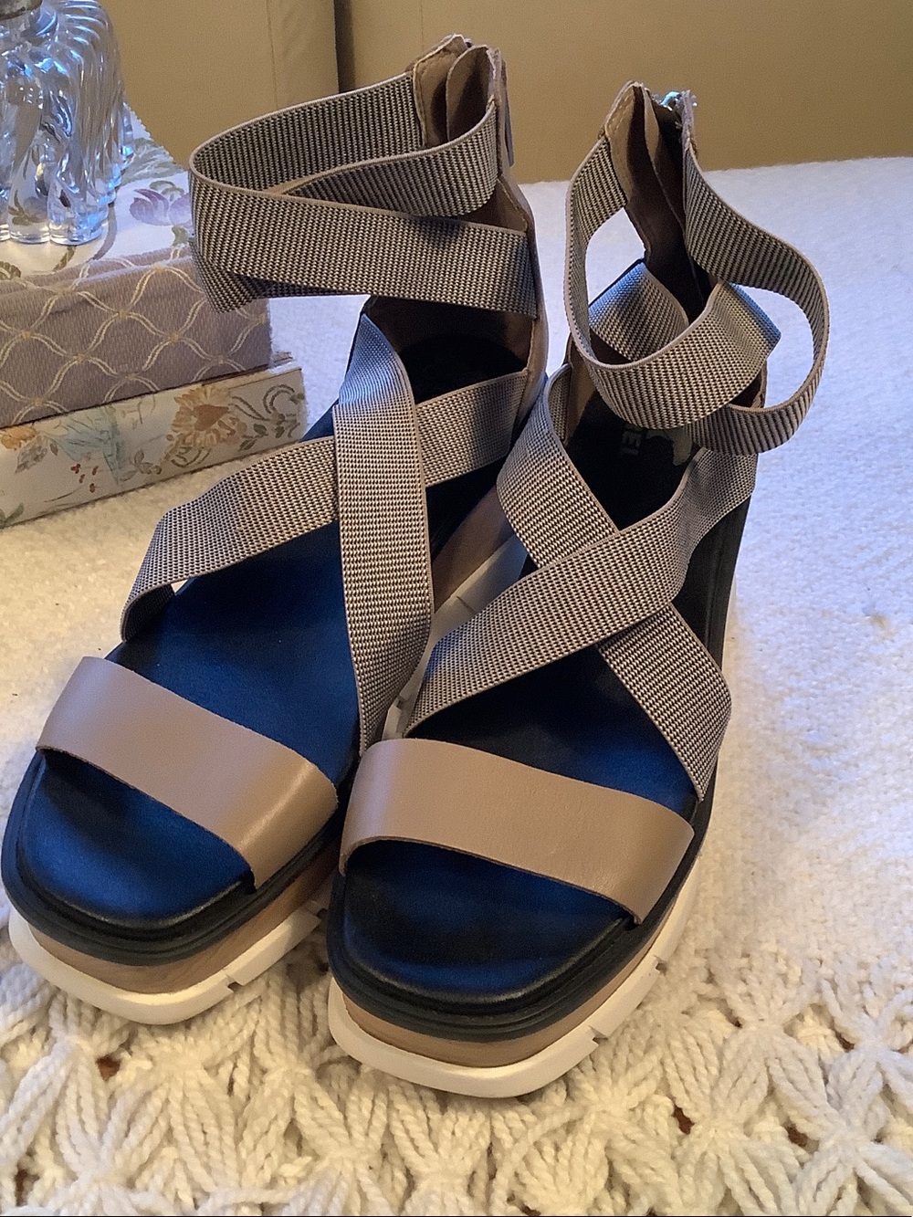 Sorel Tan and Gray Joanie III Sport Strap Wedge Sandal